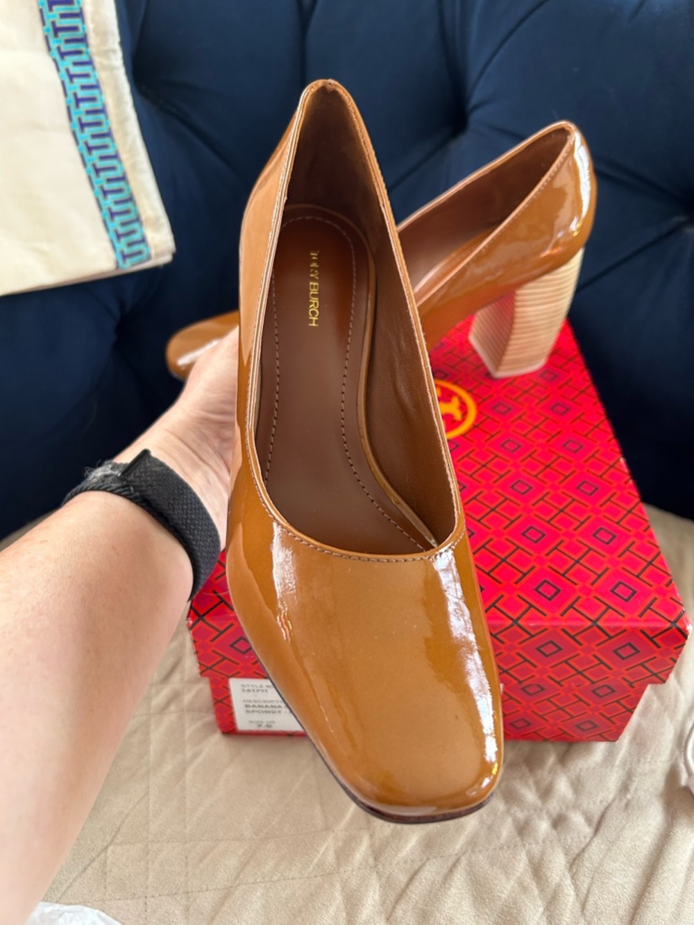 Tory Burch Glossy Cognac Block Heel Pump